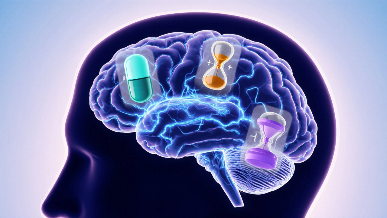 Brain silhouette with glowing serotonin pathways and floating pill icons.