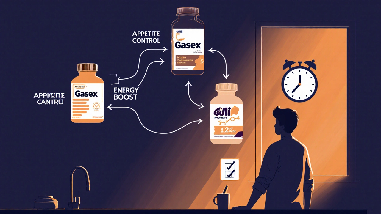 Cartoon decision diagram of a person choosing a weight‑loss supplement based on goals.
