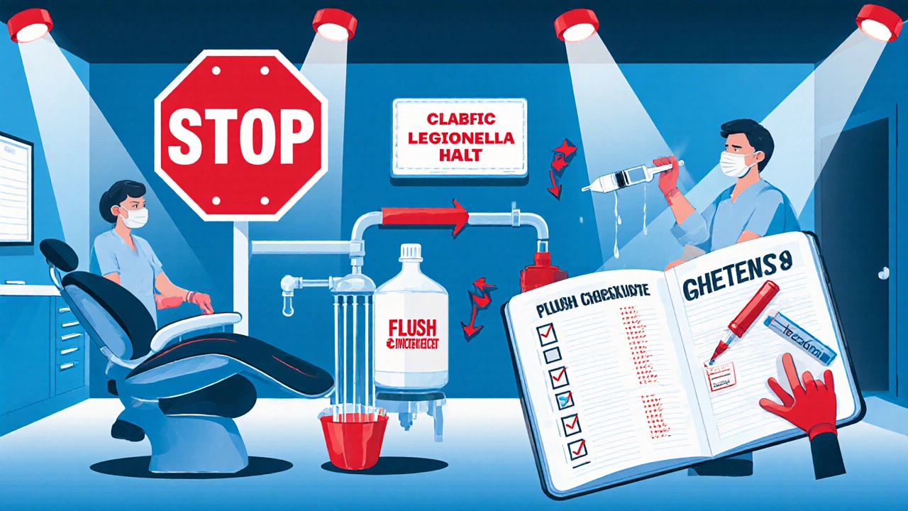 Cartoon scene of dental staff responding to a Legionella outbreak with testing and disinfection.