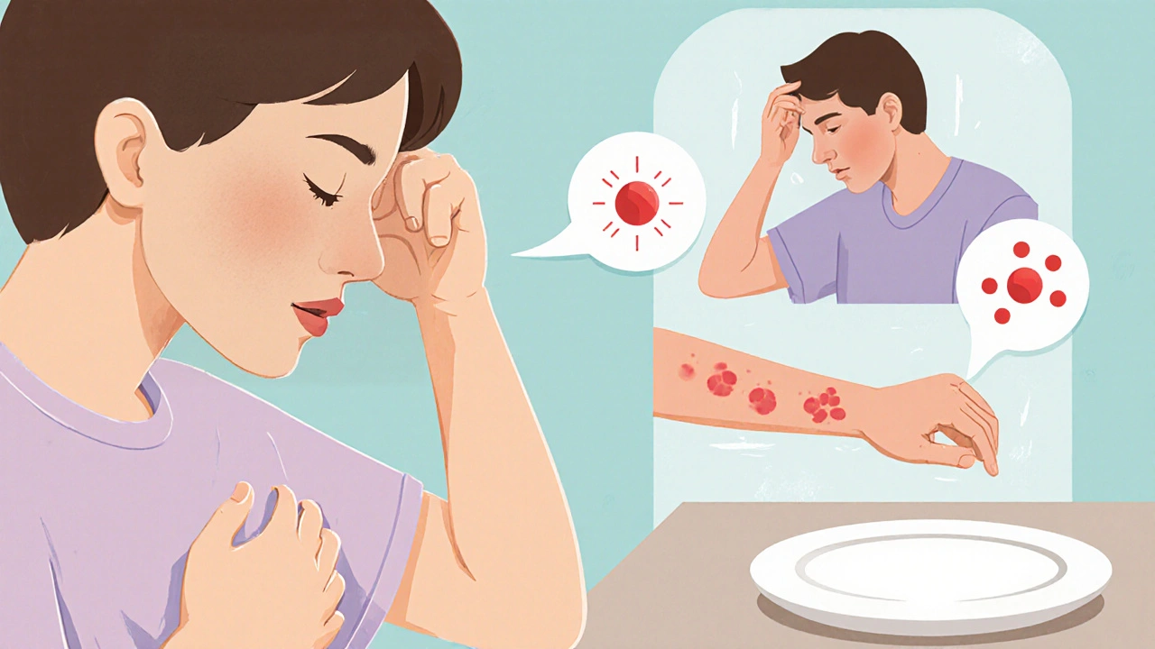 Cartoon showing a person with nausea, headache, rash spots, and loss of appetite as common side effects.