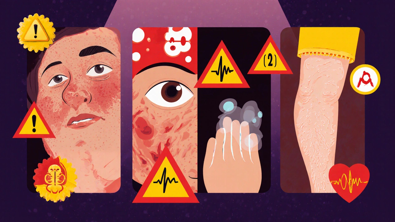 Cartoon warning of severe reactions: skin blistering, jaundice, leg swelling, and rapid heartbeat.