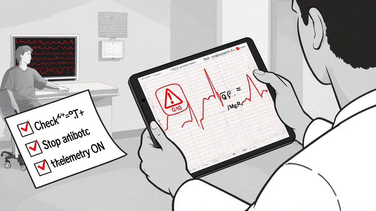 Clinician reviewing ECG with Fridericia's formula and alert for QTc over 500 ms