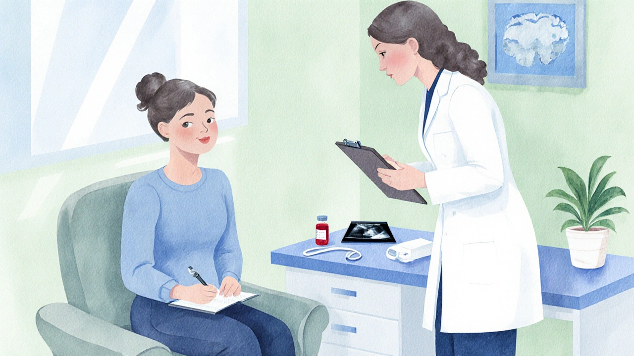 Doctor and patient discussing health in a calm clinic room.