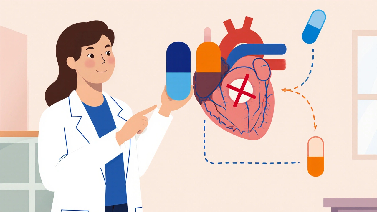 Doctor beside a heart diagram with a red cross, holding a split‑tone pill and a pathway showing combo vs separate options.