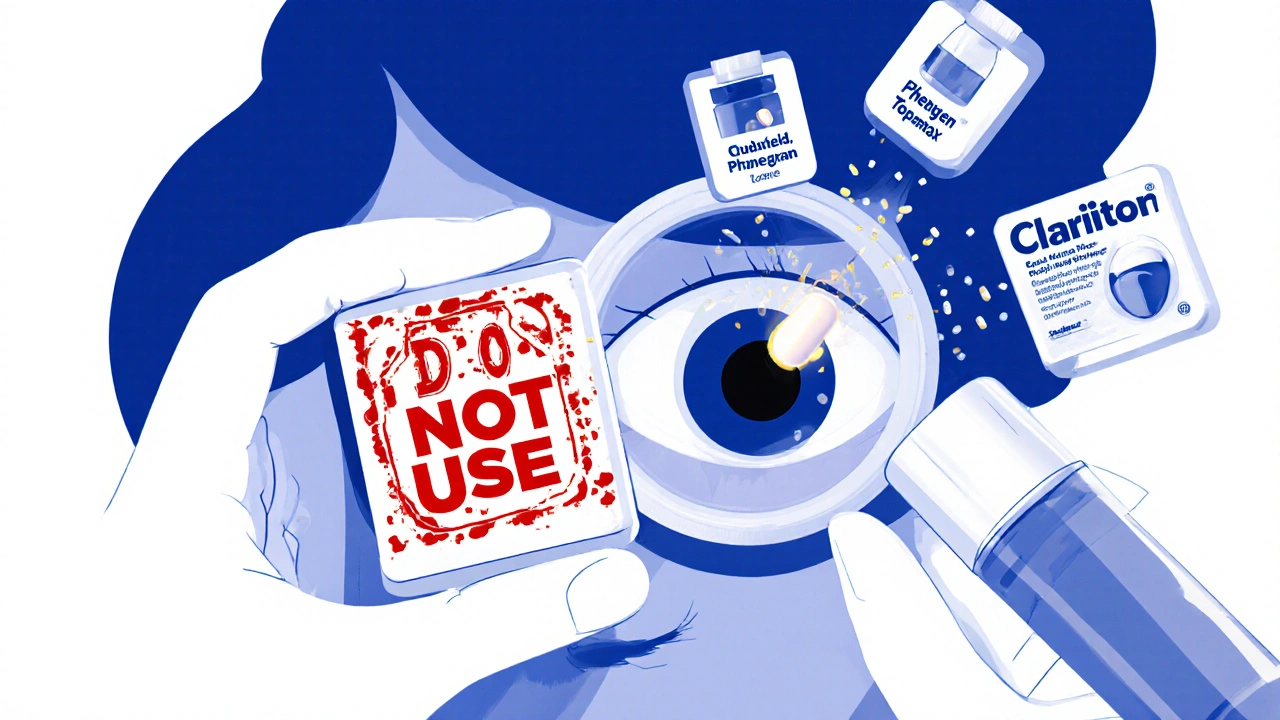 Doctor performing gonioscopy while risky medications are rejected and safe ones are highlighted.