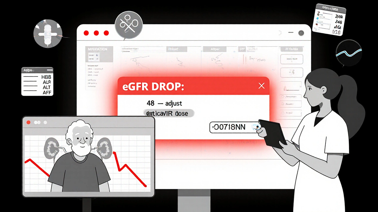 EHR system alerting provider about reduced kidney function requiring entecavir dosage adjustment.