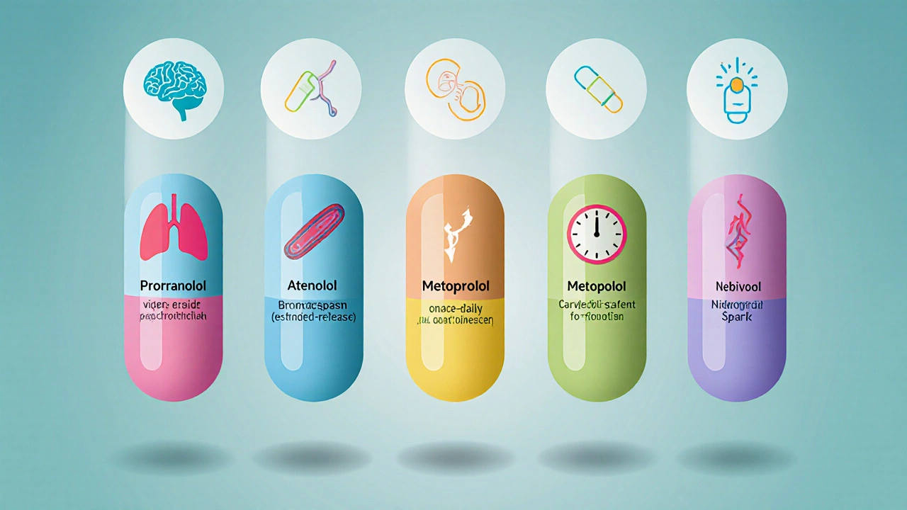 Five colored beta‑blocker pills each paired with an icon representing their unique feature.