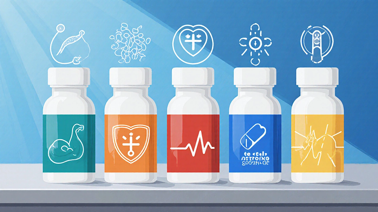 Five supplement bottles lined up, each with an icon showing its main benefit.