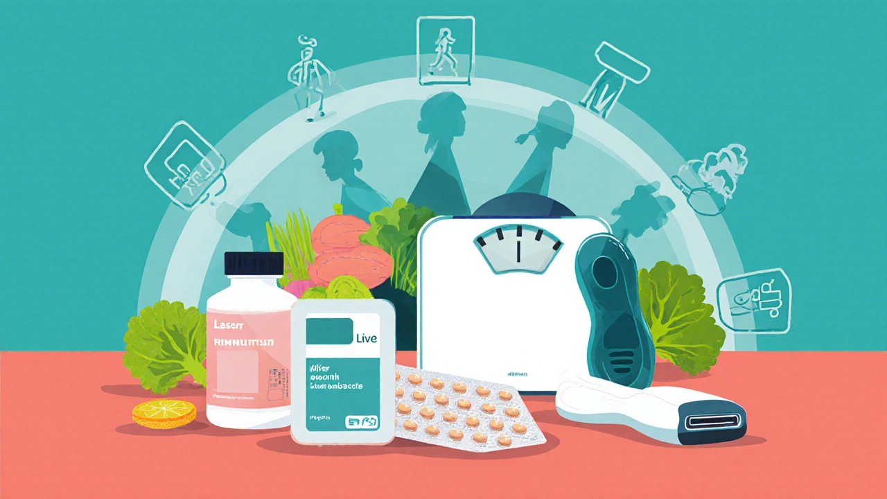 Flat‑design collage of medication, laser, lifestyle, and support icons.
