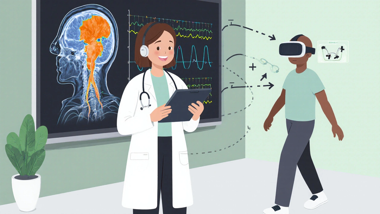 Future tele‑rehab clinic cartoon with AI MRI display, wearable sensor data, and VR balance exercise.