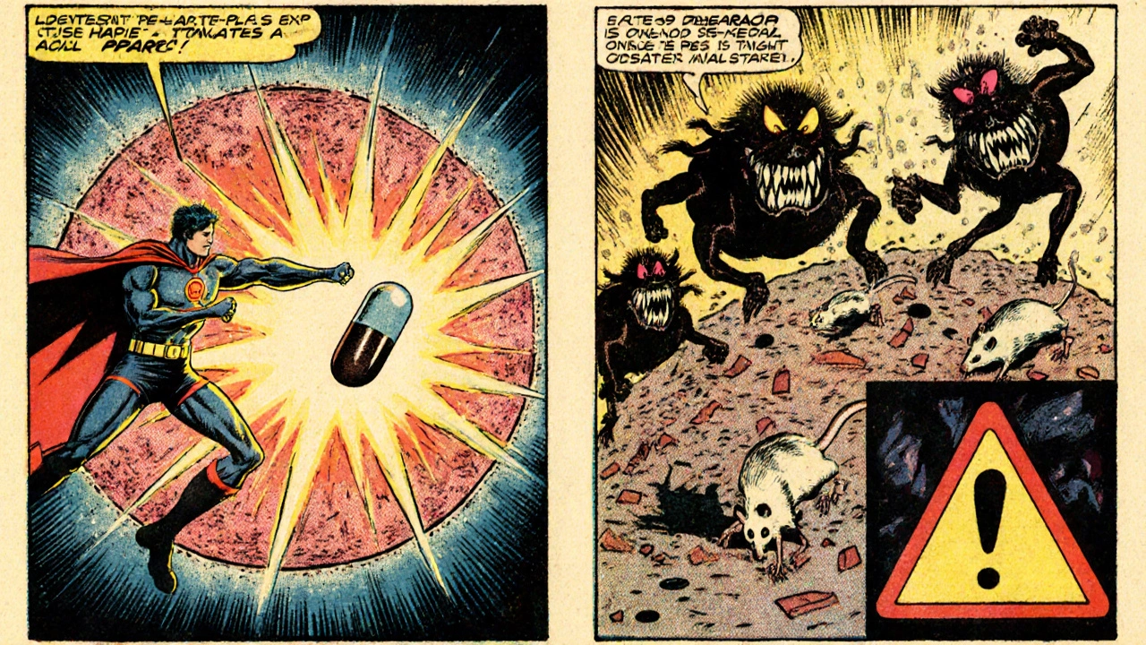Gemfibrozil capsule as a hero activates PPAR‑α and destroys triglyceride monsters, with a rat illustration.