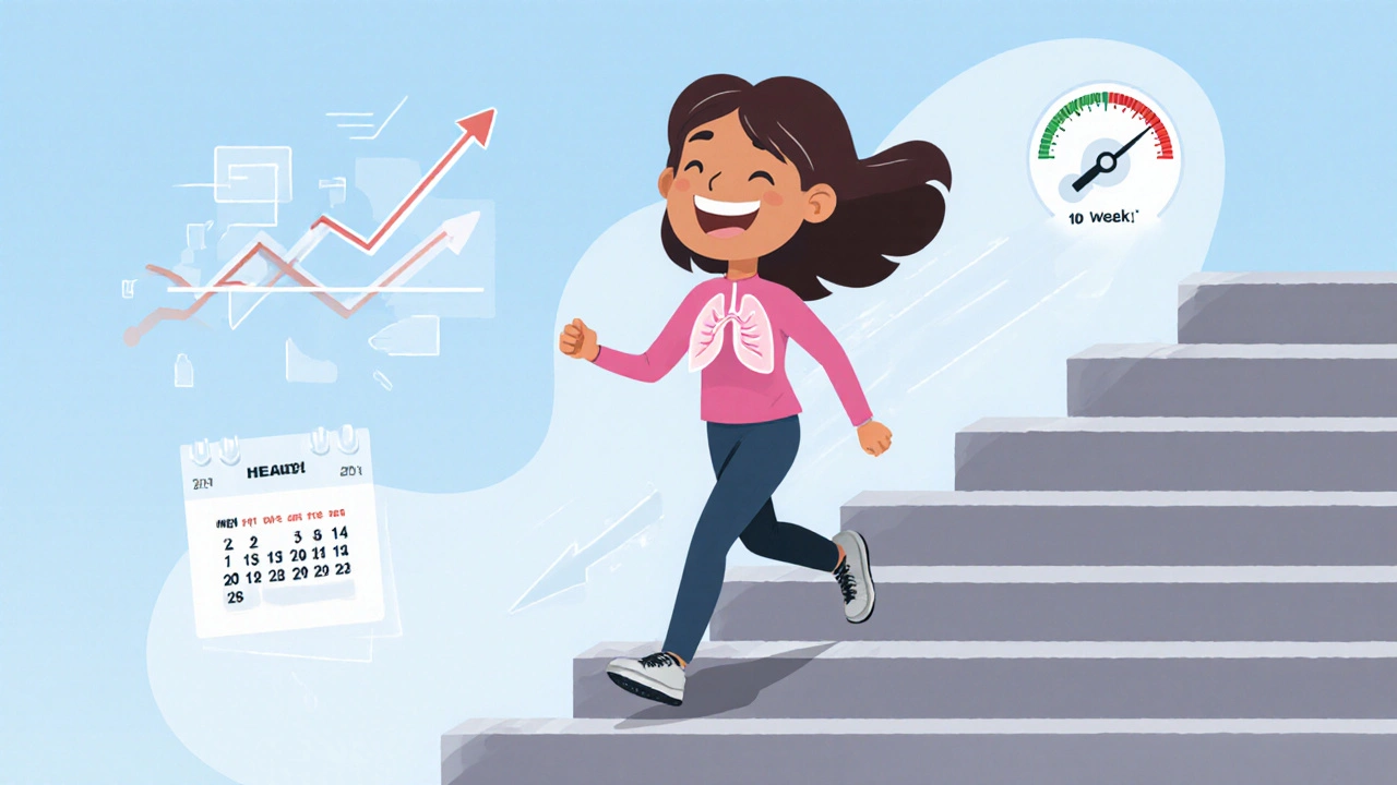 Happy woman breathing easily after rehab, climbing stairs with a subtle health progress backdrop.