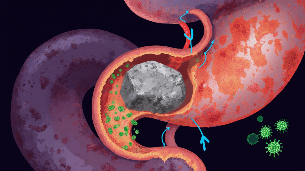 Illustration of a blocked pancreatic duct with stone, scar tissue, inflammation, and damaged beta cells.