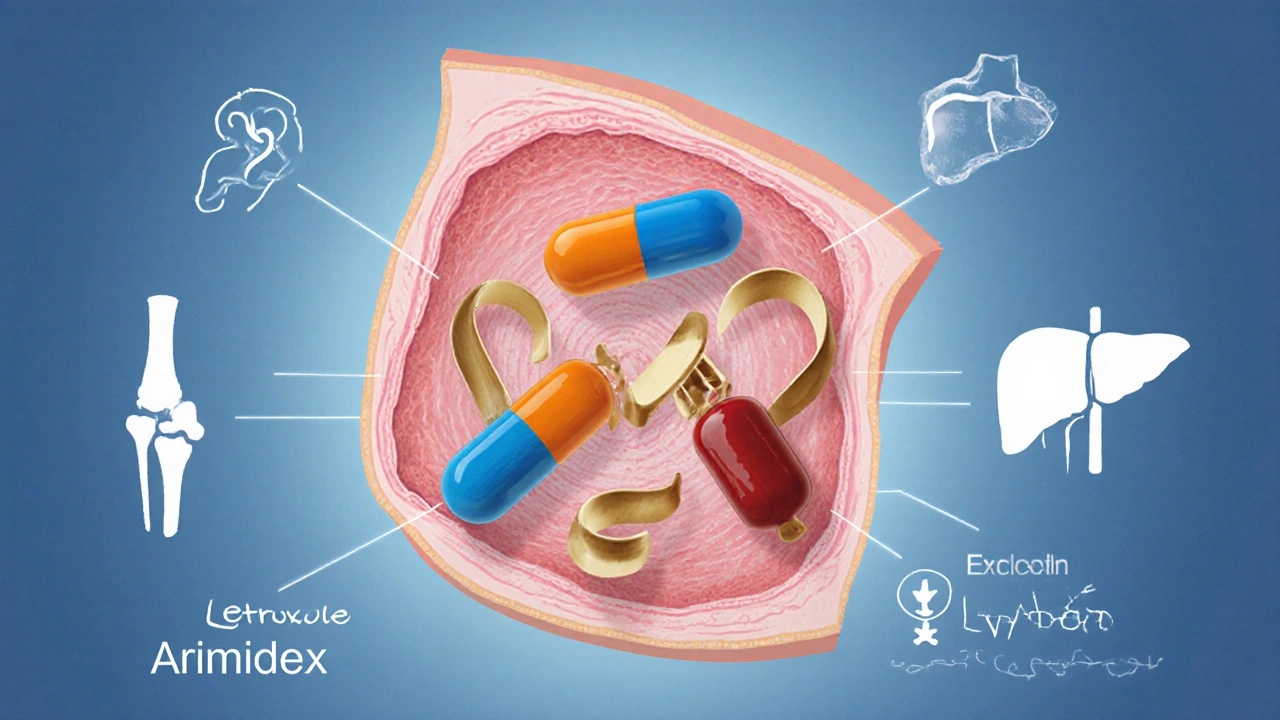 Illustration of aromatase enzyme interacting with three drug molecules and side‑effect icons.