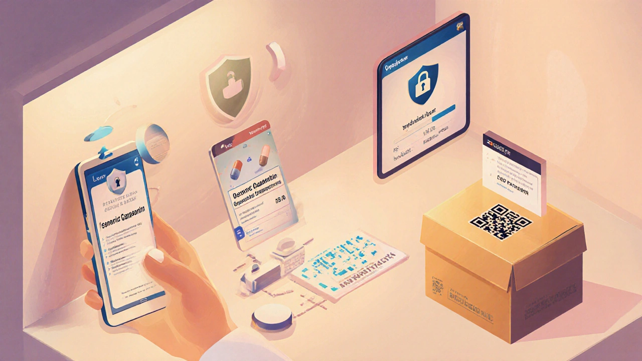 Isometric checkout flow: upload prescription, confirm drug, secure payment, tracking QR code.