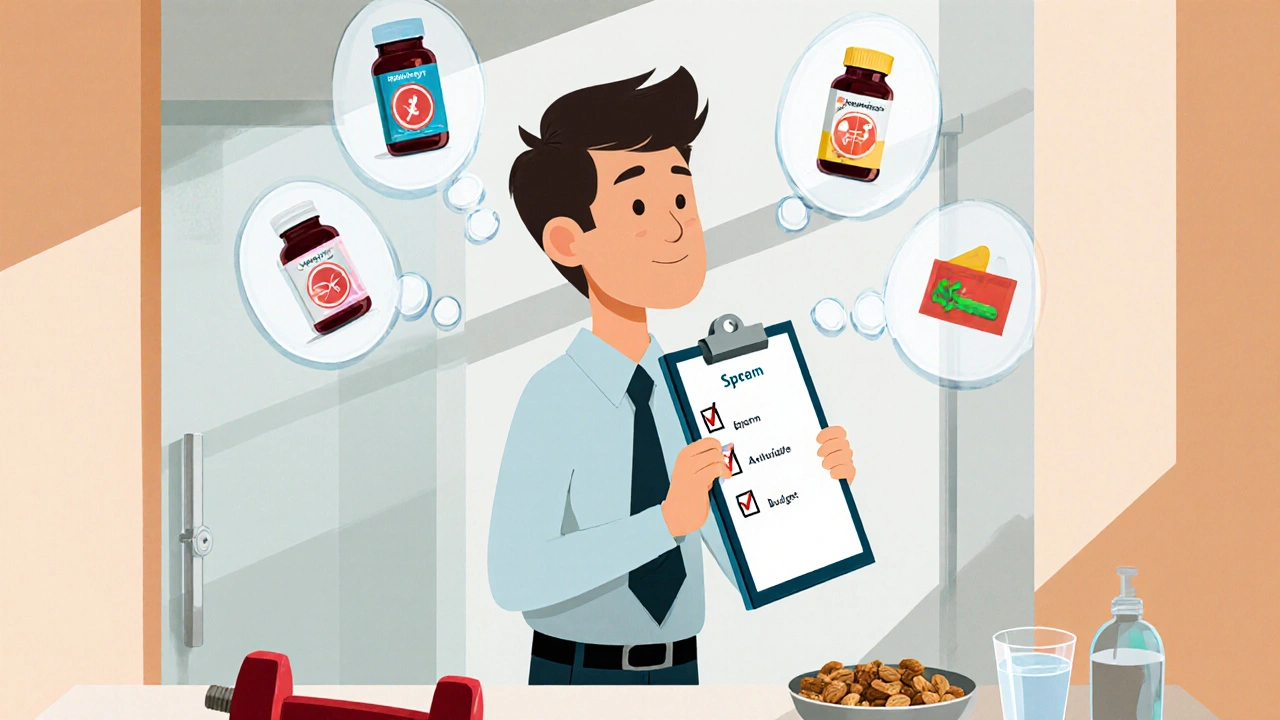 Man reviewing a checklist of icons while thinking about five supplement options.