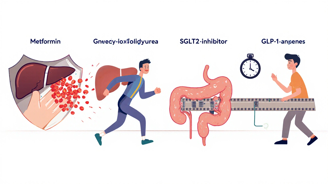 Medication icons interacting with sugar: liver shield, pancreas hand, kidney, and stomach conveyor.