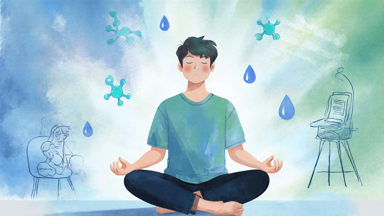 Meditating figure surrounded by glowing aura representing balanced hormones.