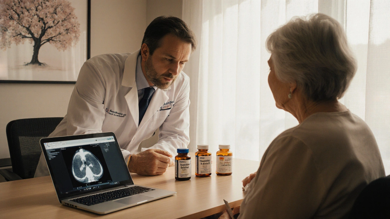 Oncologist and patient discussing treatment options with pill bottles and a bone scan image.