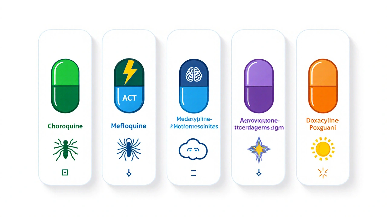 Panel series showing cartoon pills of five antimalarial drugs with visual mechanisms and side‑effects.