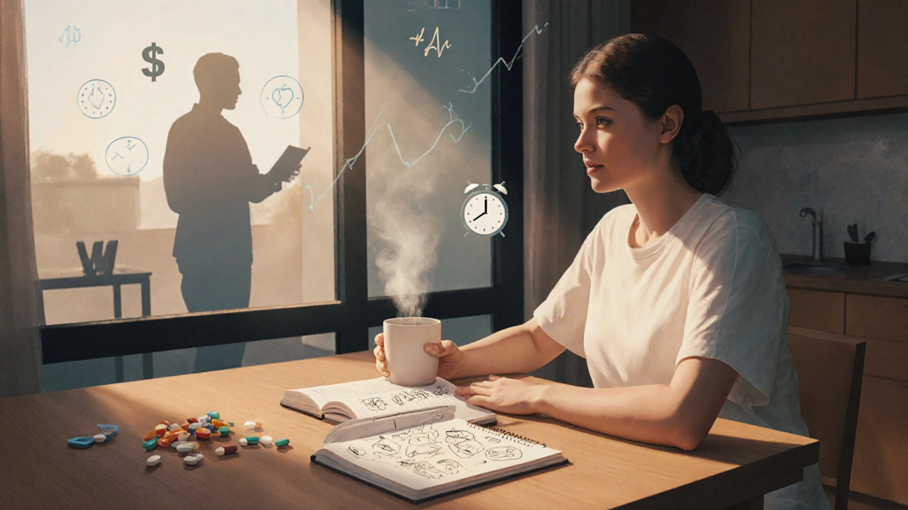 Patient at a table with pills, notebook, and a clinician silhouette discussing medication choices.