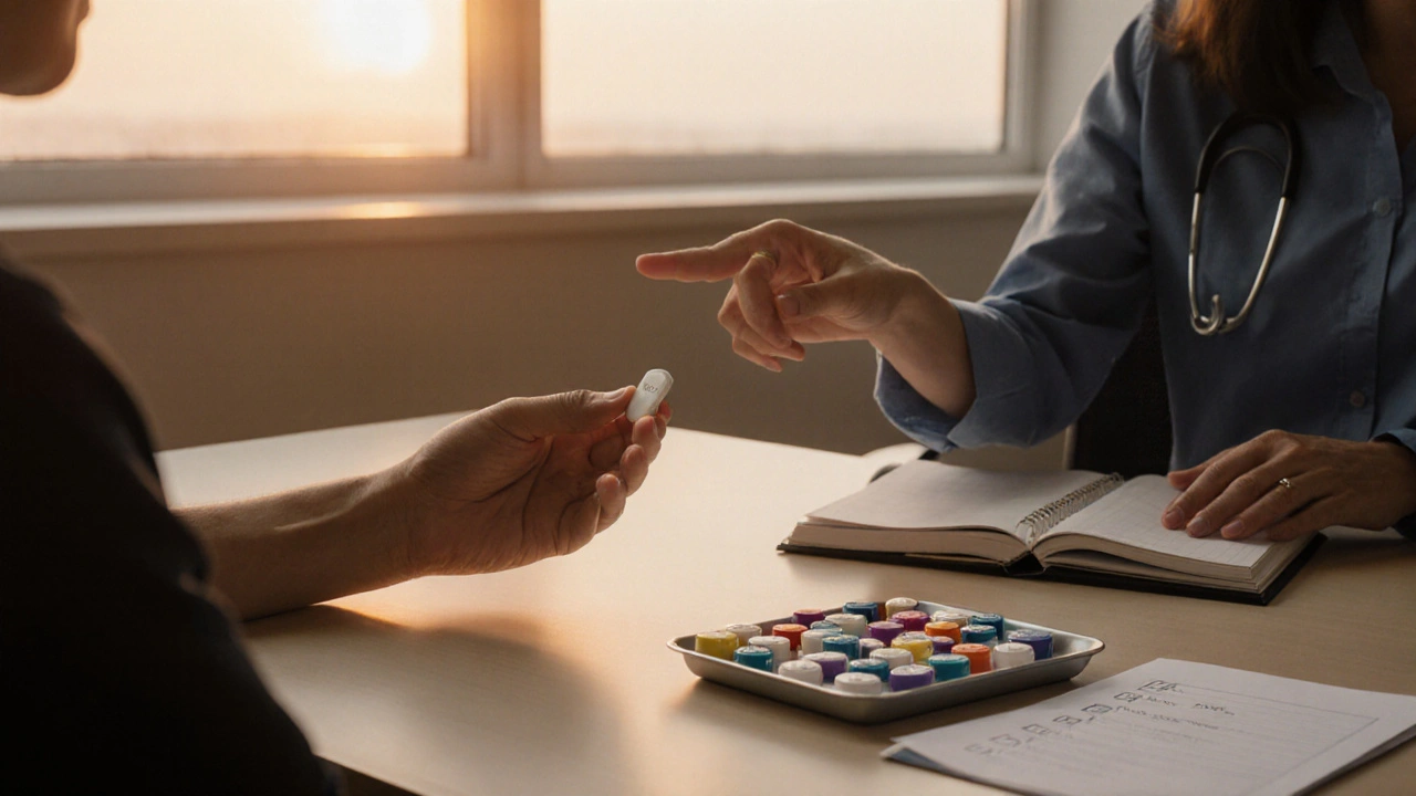 Patient holding a Celexa tablet at a doctor's desk, discussing options.