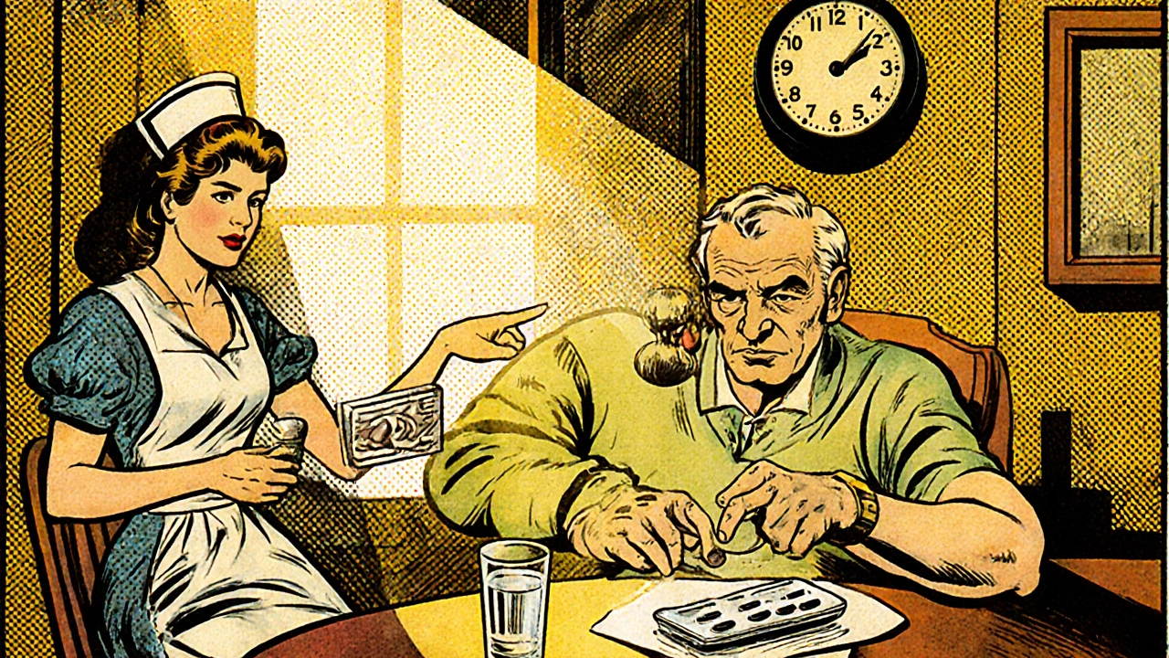 Patient takes Duricef with water at a kitchen table, guided by a nurse figure.