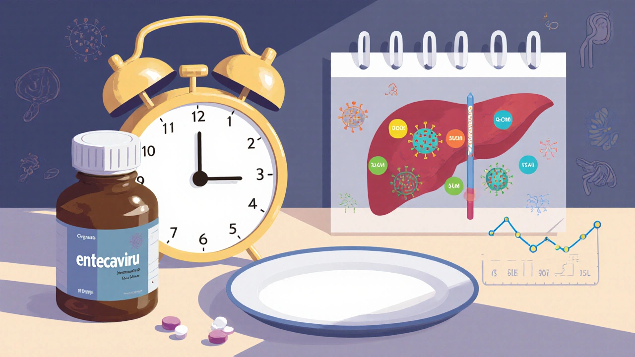Patient taking entecavir daily with visual calendar, pill bottle, and virus suppression in liver cells.