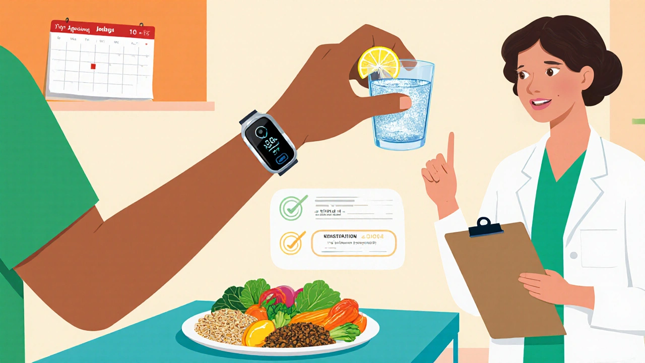 Person checking CGM while drinking sparkling water, surrounded by low‑GI foods and a dietitian.