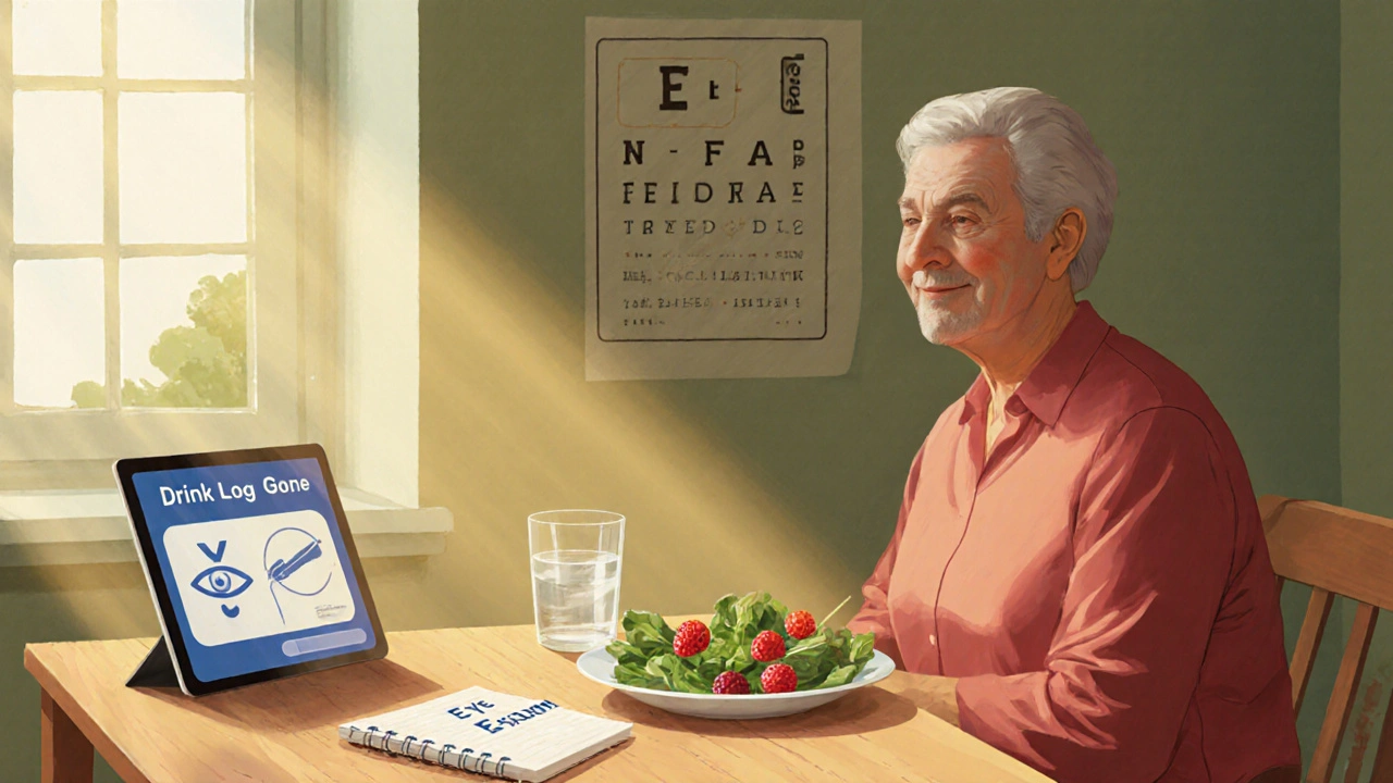 Person logging drinks at a table with water, greens, berries, and a reminder for an eye exam.