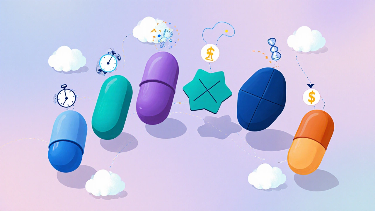 Row of six differently colored pills each surrounded by icons for onset, duration, price, and side effects.