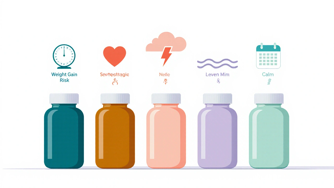 Row of six pastel medication bottles with icons for weight, sedation, metabolism, onset, side effects, and dosing.
