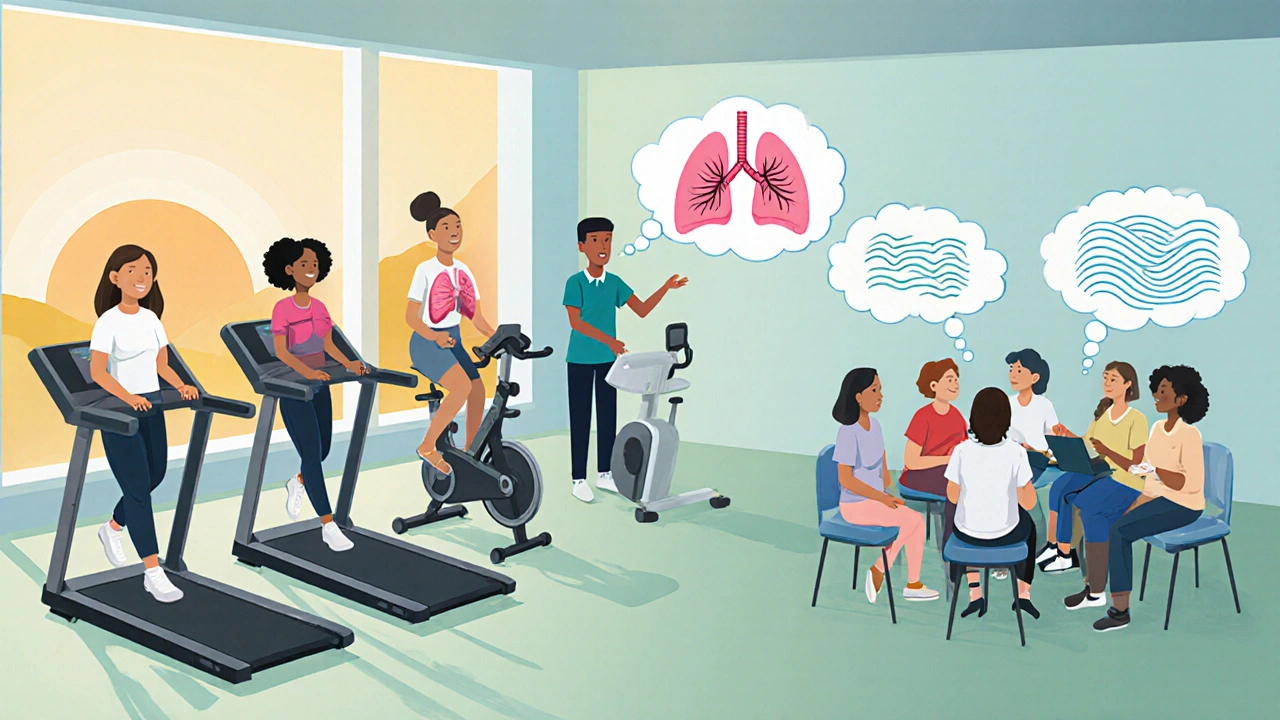 Scene of asthma patients exercising, practicing breathing, and receiving support in a rehab center.