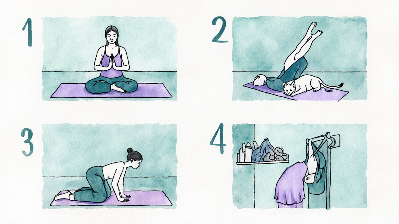 Series of four restorative yoga poses shown in watercolor style.