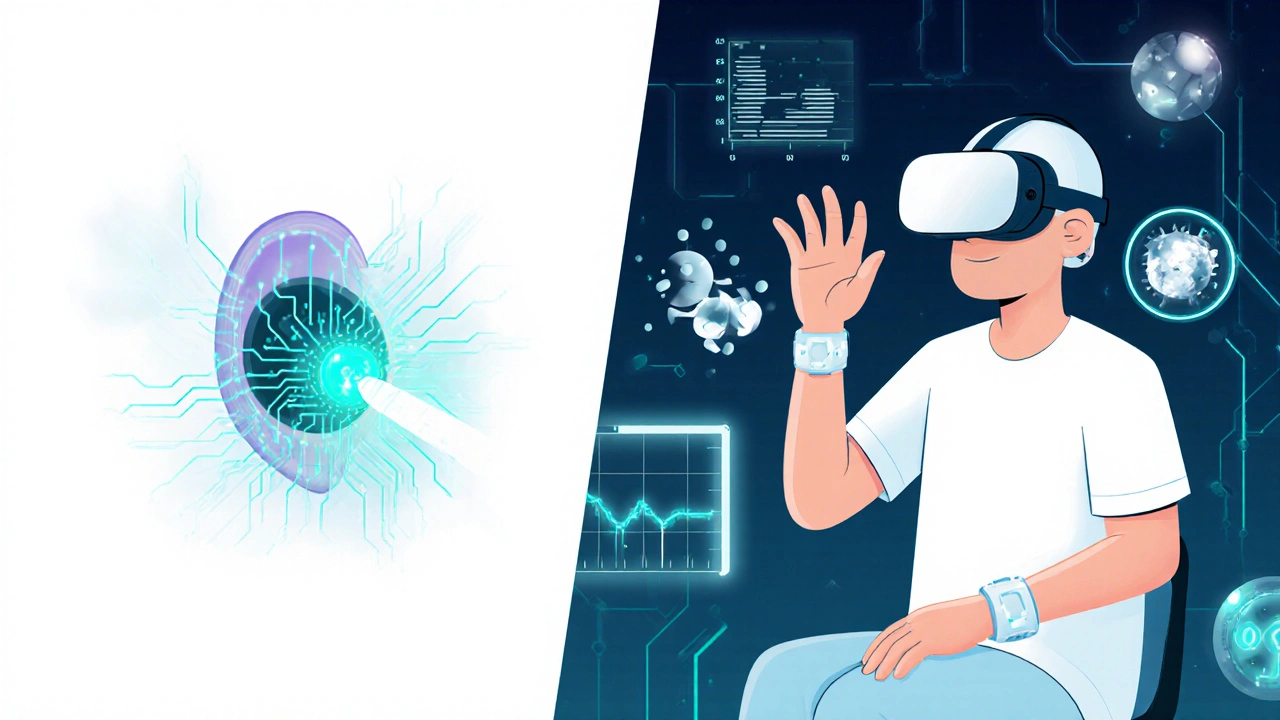 Split‑scene cartoon showing a vestibular implant, VR headset patient, and nanodrug particles.