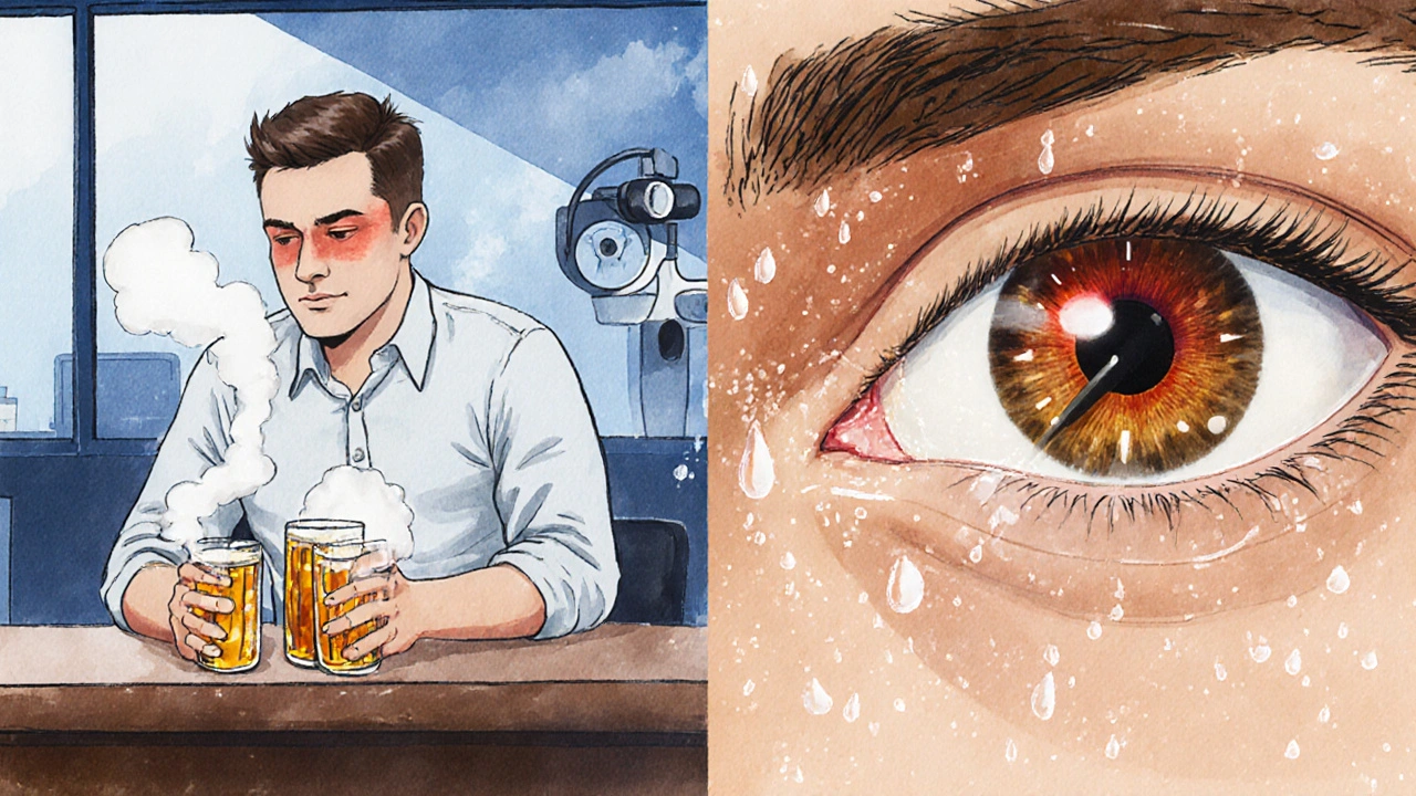 Split scene: person drinking with red‑tinged eye next to a doctor’s view of rising eye pressure gauge.