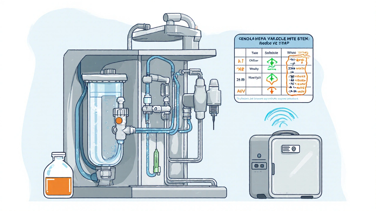 Technical cartoon diagram of dental waterline system with filters and temperature controls.