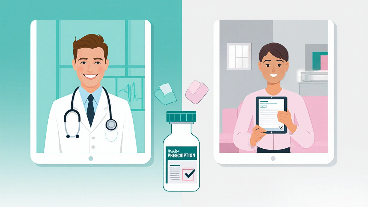 Telehealth video call showing doctor, patient, and Provera injection vial.