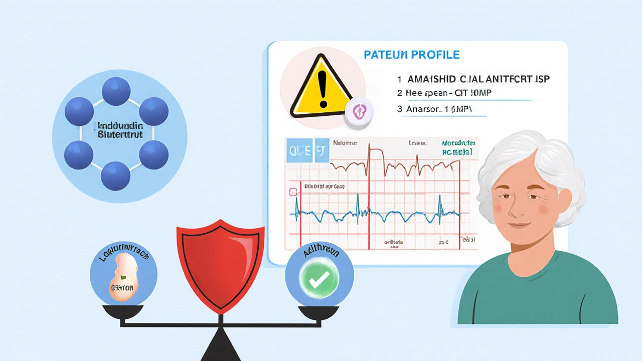 Three antibiotics compared on a scale with patient risk factors like low potassium and kidney disease