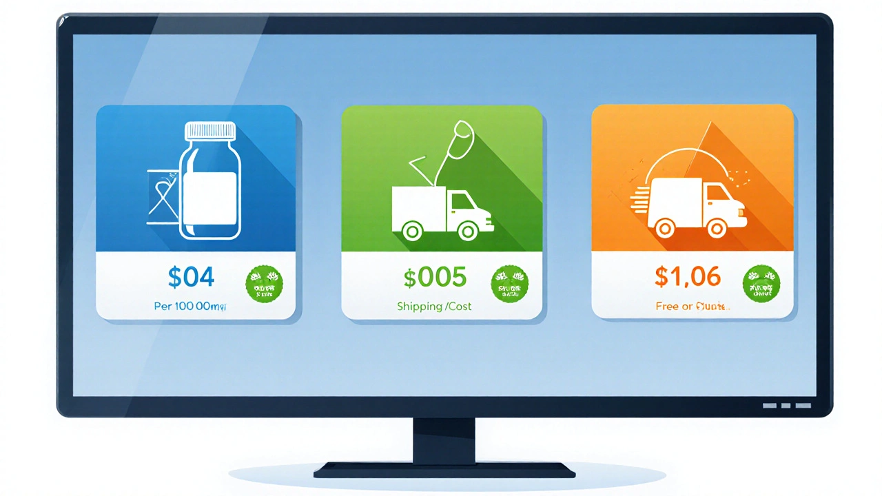 Three side‑by‑side pharmacy website mockups comparing prices and shipping icons.