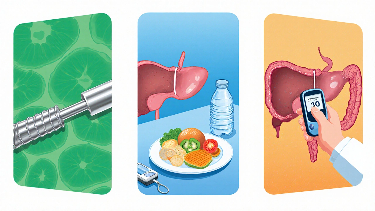 Triptych cartoon of stent placement, healthy diet, and glucose monitoring protecting pancreas health.