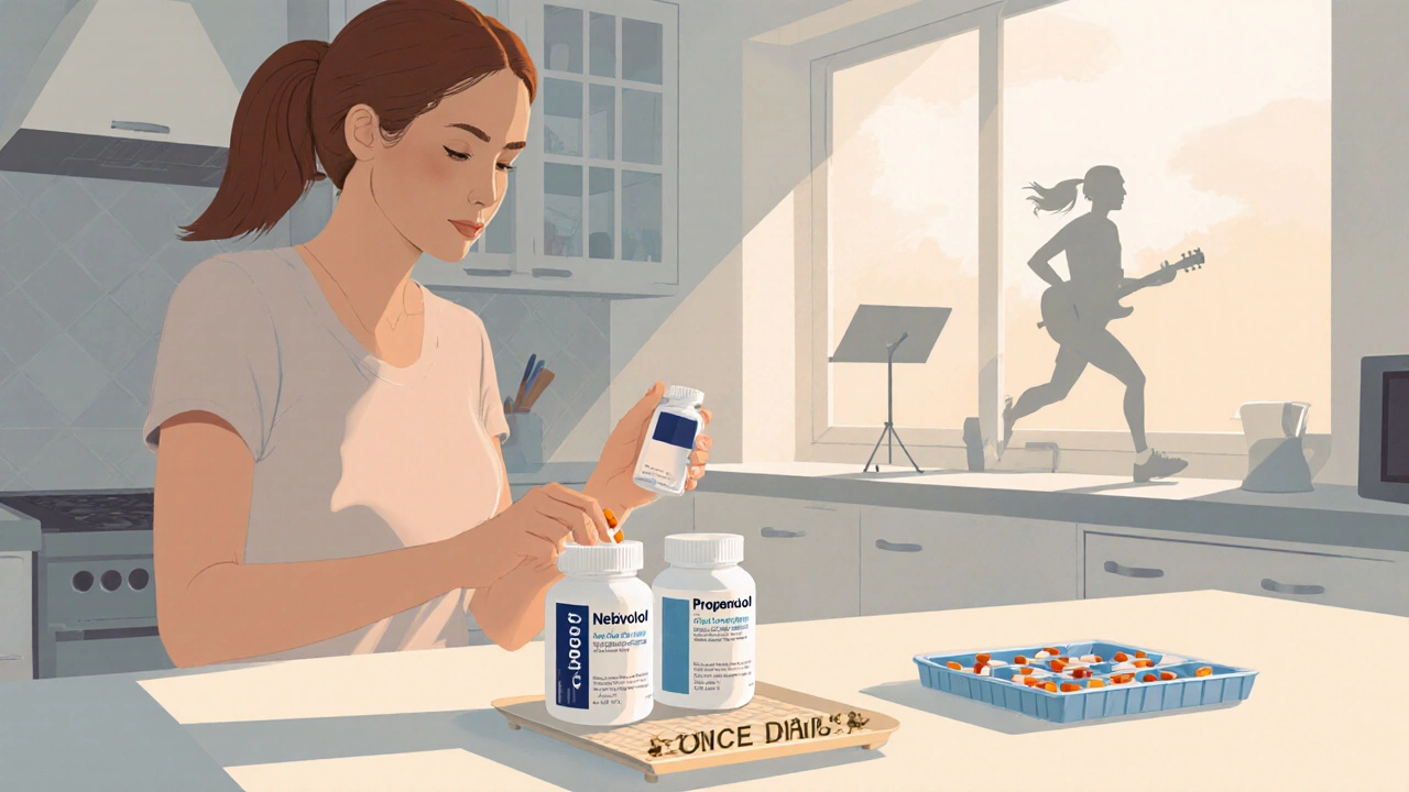 Woman preparing medication; one daily Nebivolol capsule beside multiple Propranolol doses, with subtle activity silhouettes.