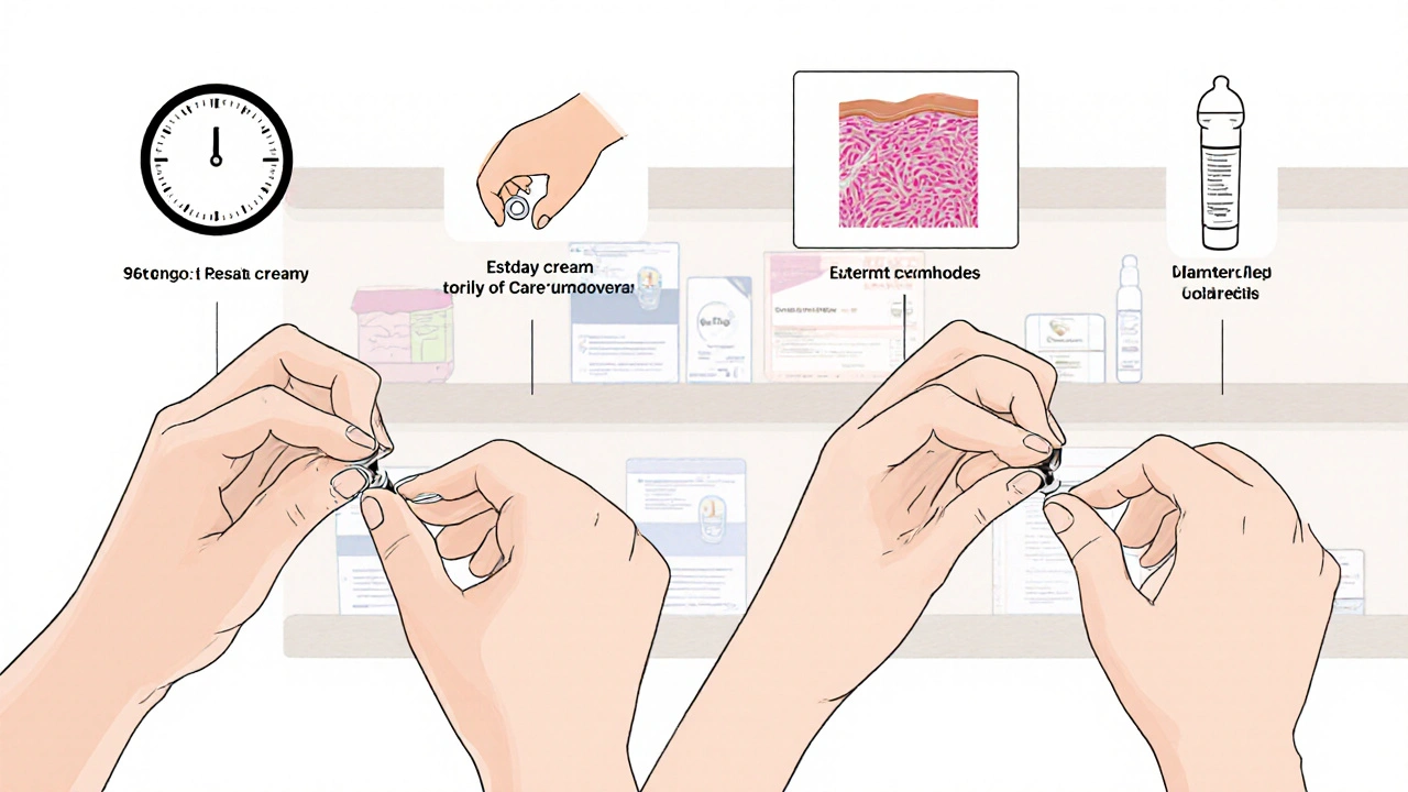 Woman using Estring ring alongside estriol cream application with treatment icons