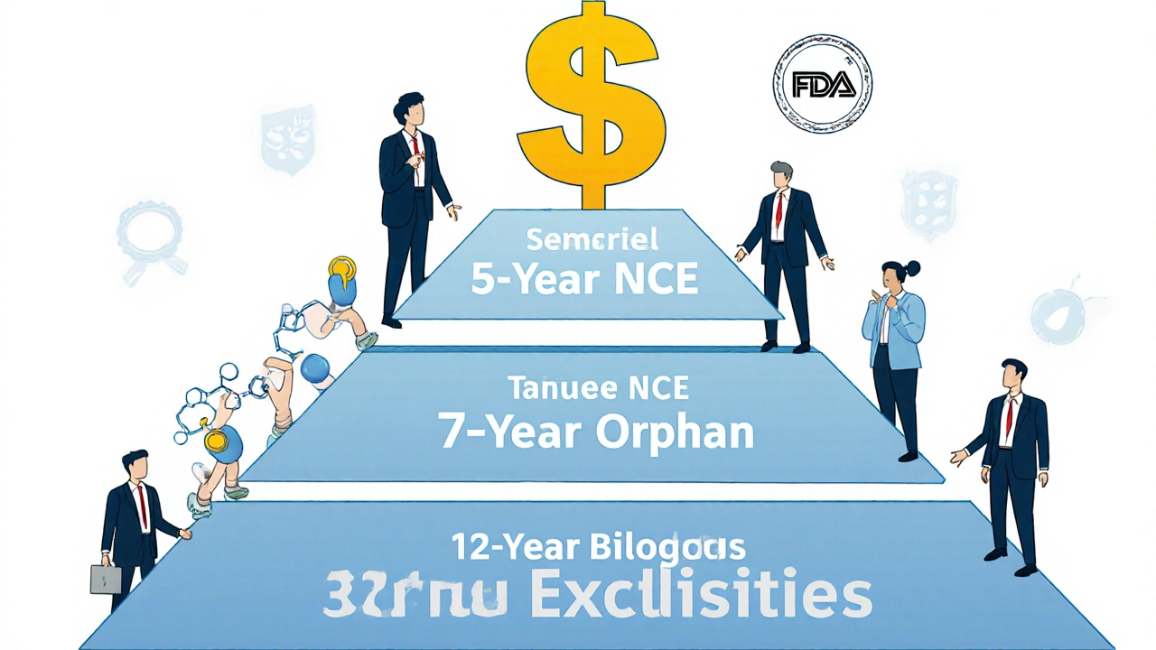 A pyramid shows four types of drug exclusivity with biologics at the top, surrounded by dollar signs and regulatory badges.