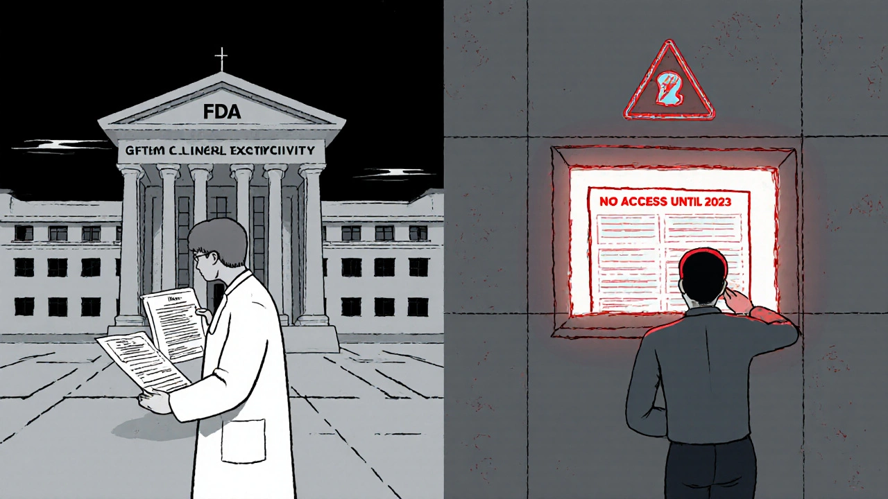 A scientist submits clinical data to the FDA while a generic manufacturer is barred from viewing it by a legal shield.