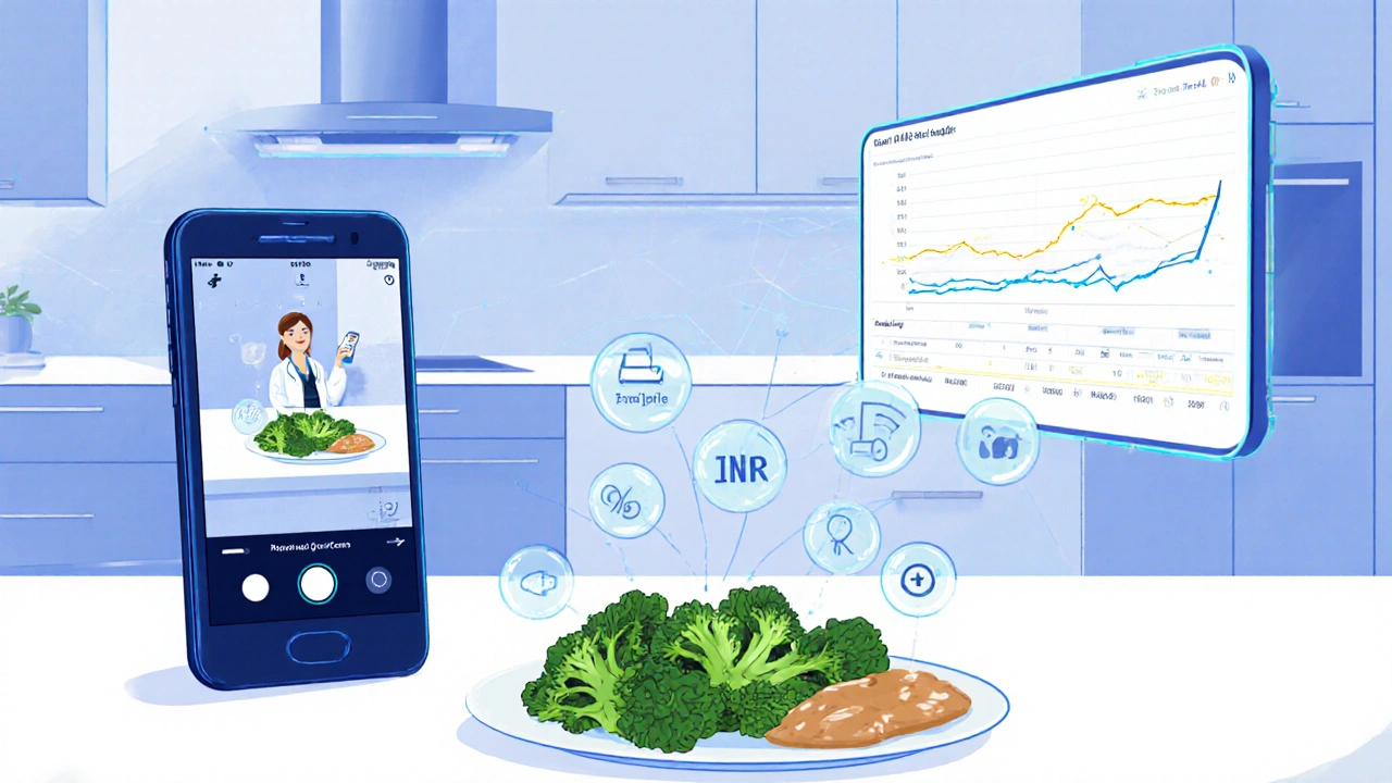 AI system analyzing food with a phone camera to estimate vitamin K content, connected to a doctor&#039;s INR prediction dashboard.