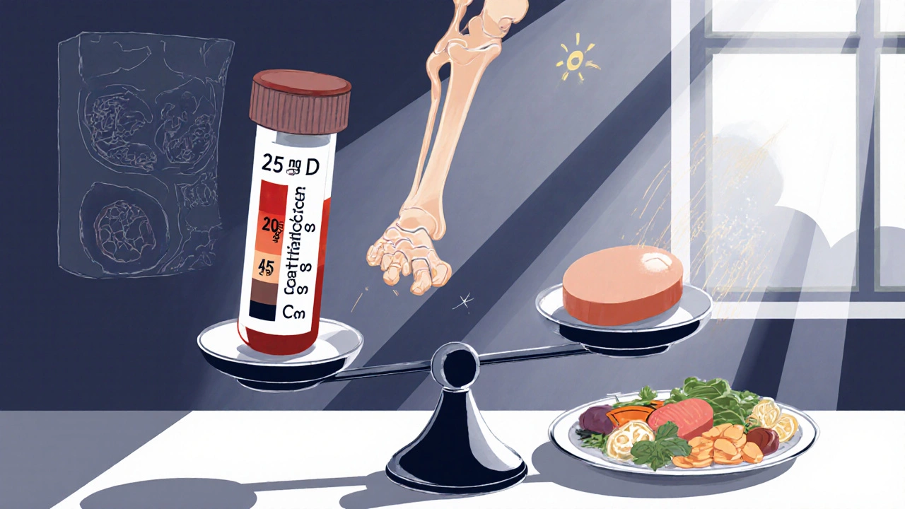 Blood test levels of vitamin D shown on a scale, with excess dose crushing bone while moderate dose supports health alongside food.