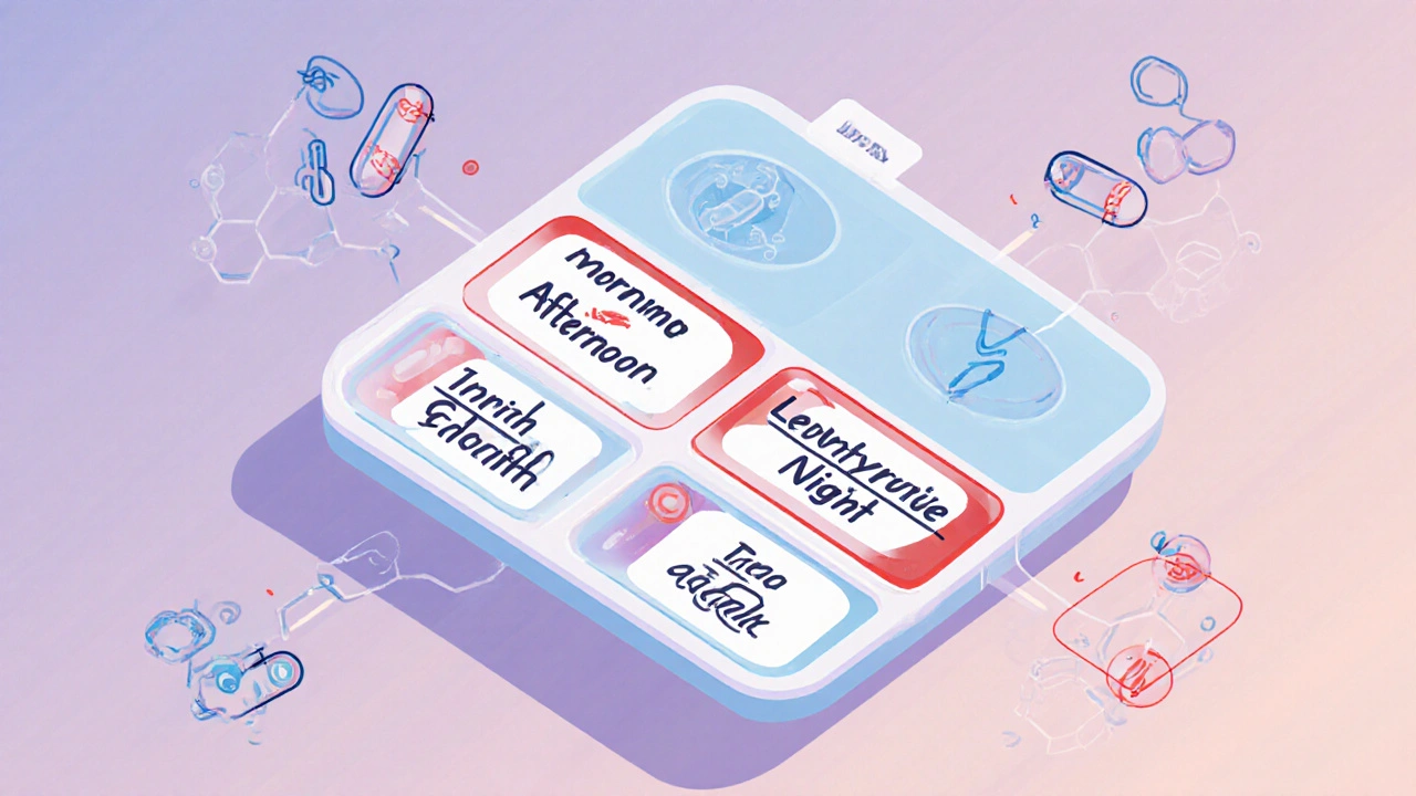 Color-coded pill organizer showing levothyroxine and iron supplements spaced 4 hours apart.