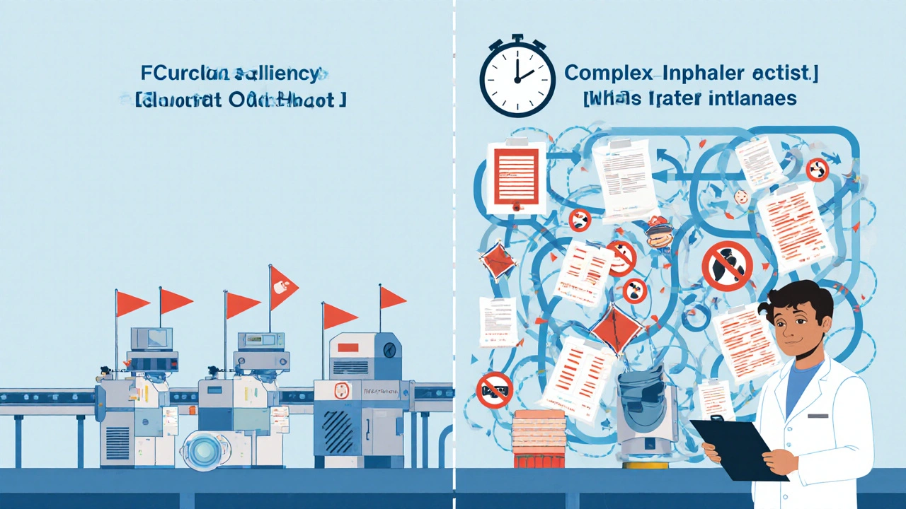 Comparison of simple and complex generic drug production lines with review cycle counts and quality issues.