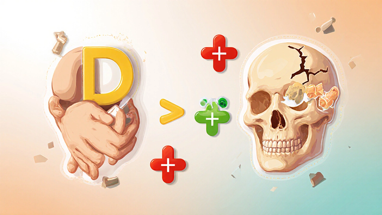 Contrasting bone density in a person taking appropriate vs. excessive vitamin D doses, with visible bone damage from overdose.